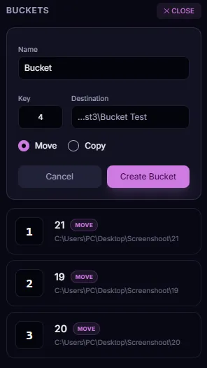 Configuring a bucket: setting destination path, move/copy operation mode, and hotkey trigger